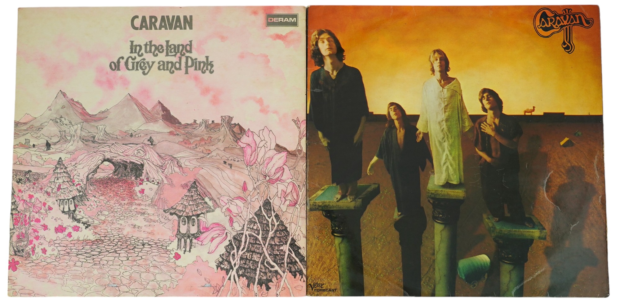 Two Caravan LP record albums; Caravan on Verve VLP.6011 on brown label and In The Land of Pink and Grey on Deram SDL R1 on red and white label. Condition - fair, some scratches to the vinyl mainly on Caravan